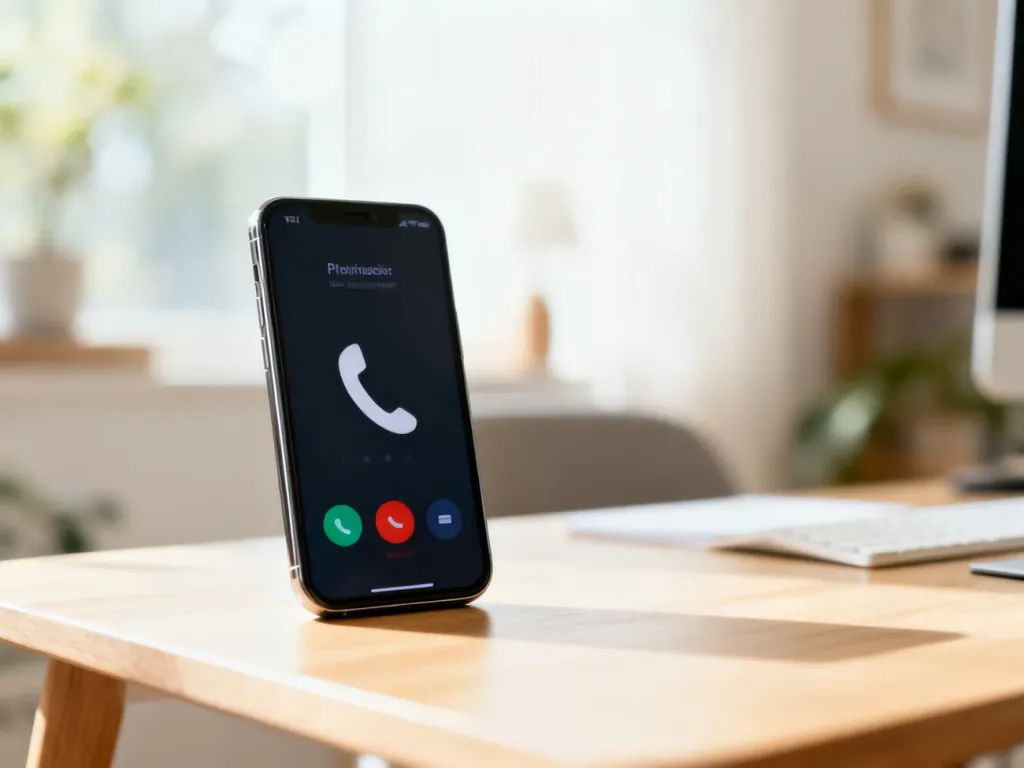 Nowoczesny smartfon z ikoną połączenia na drewnianym biurku, symbolizujący kontakt z obsługą klienta Sinsay.