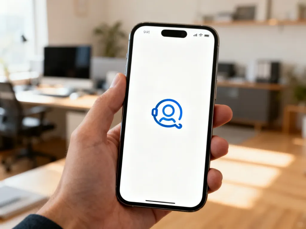 Dłoń trzymająca smartfon z ikoną obsługi klienta na ekranie, symbolizująca łatwy kontakt ze wsparciem technicznym.