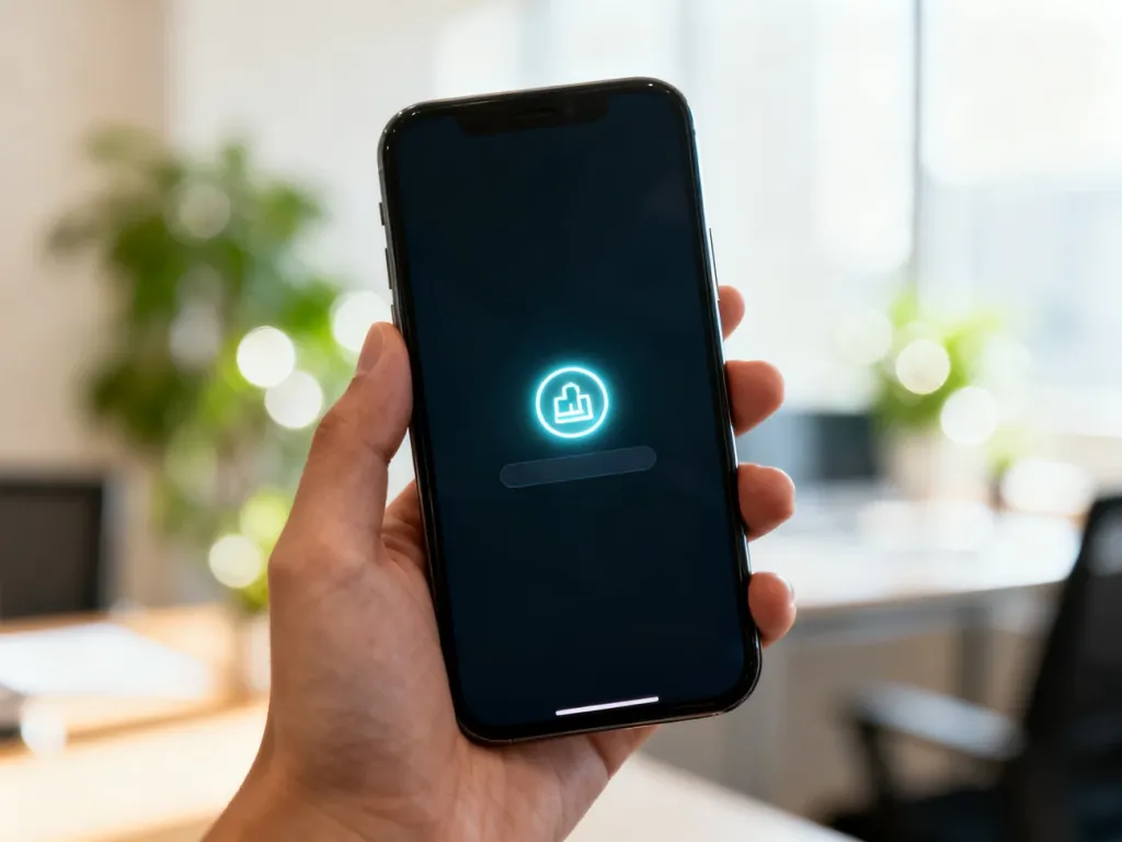 Dłoń trzymająca smartfon z widoczną ikoną logowania na ekranie, symbolizującą dostęp do konta klienta E.ON.