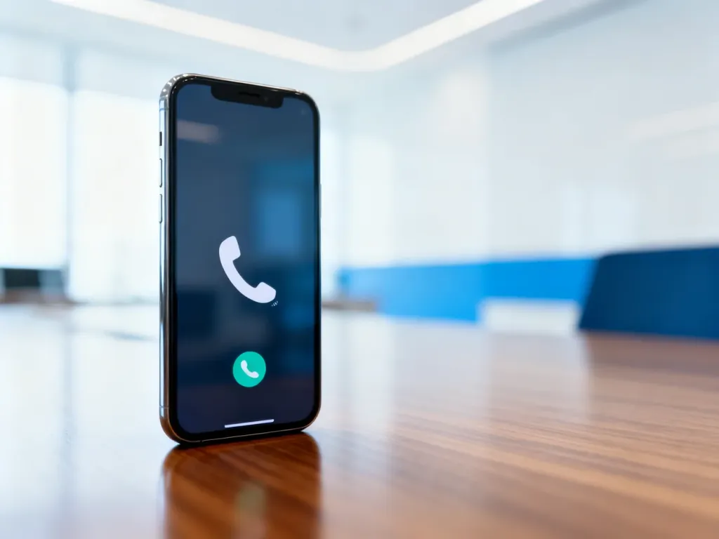 Smartfon z ikoną połączenia na drewnianym biurku, symbolizujący kontakt z infolinią bankową.